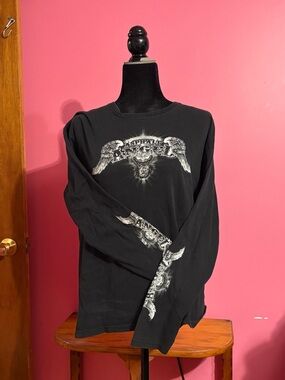 Black Long-Sleeve Graphic Tee with Winged Skull Print